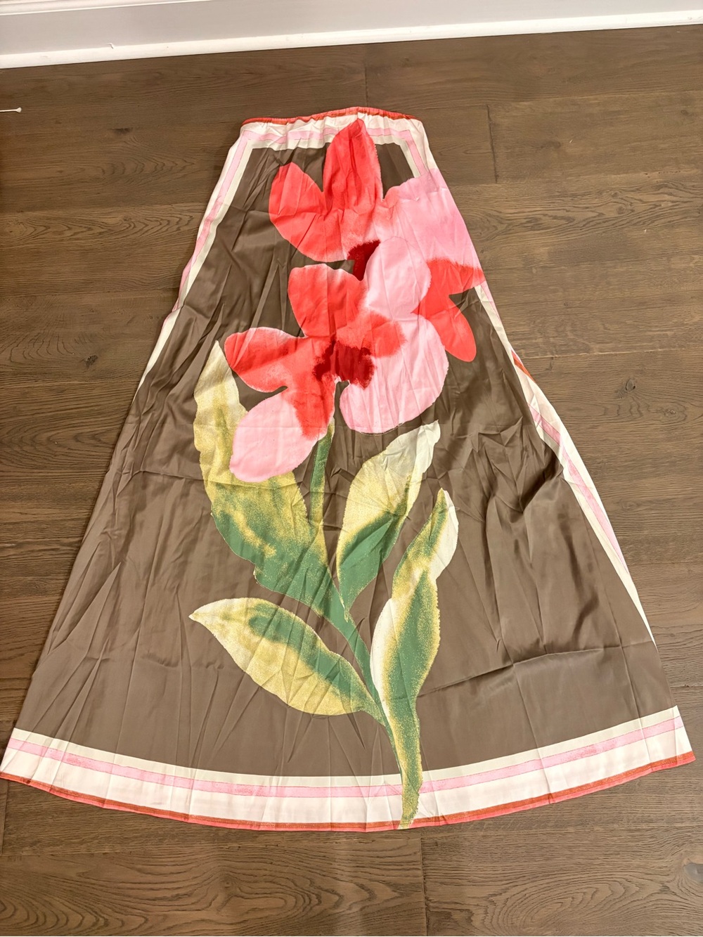 Brown Floral Maxi dress with Pink Red Blooms